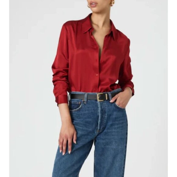French Connection Ennis Satin Shirt Womens Size L Wine Red Viscose Button-Up - Picture 1 of 16
